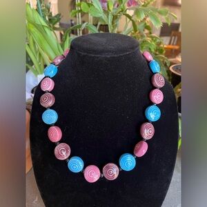 Pink and Blue Swirl Ceramuc Beaded Necklace